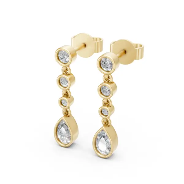 Bezel Diamond Drop Earrings in 18k yellow gold, side view showing the stud post and the linked bezel-set stones