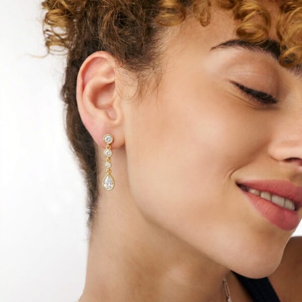 Bezel Diamond Drop Earrings in 18k yellow gold worn on the ear, showing the length of the drop