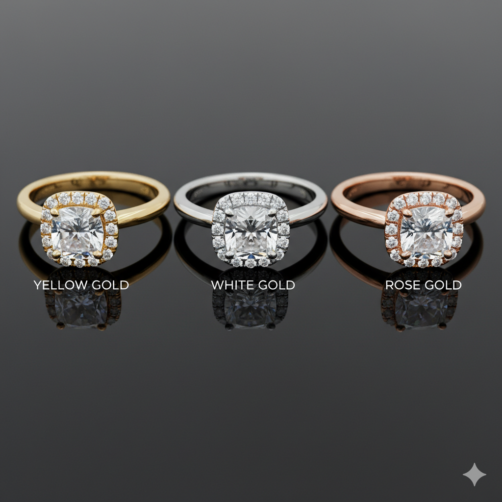 A comparison of 18k yellow gold, white gold, and rose gold jewelry from Empire Jewellery Bahrain.