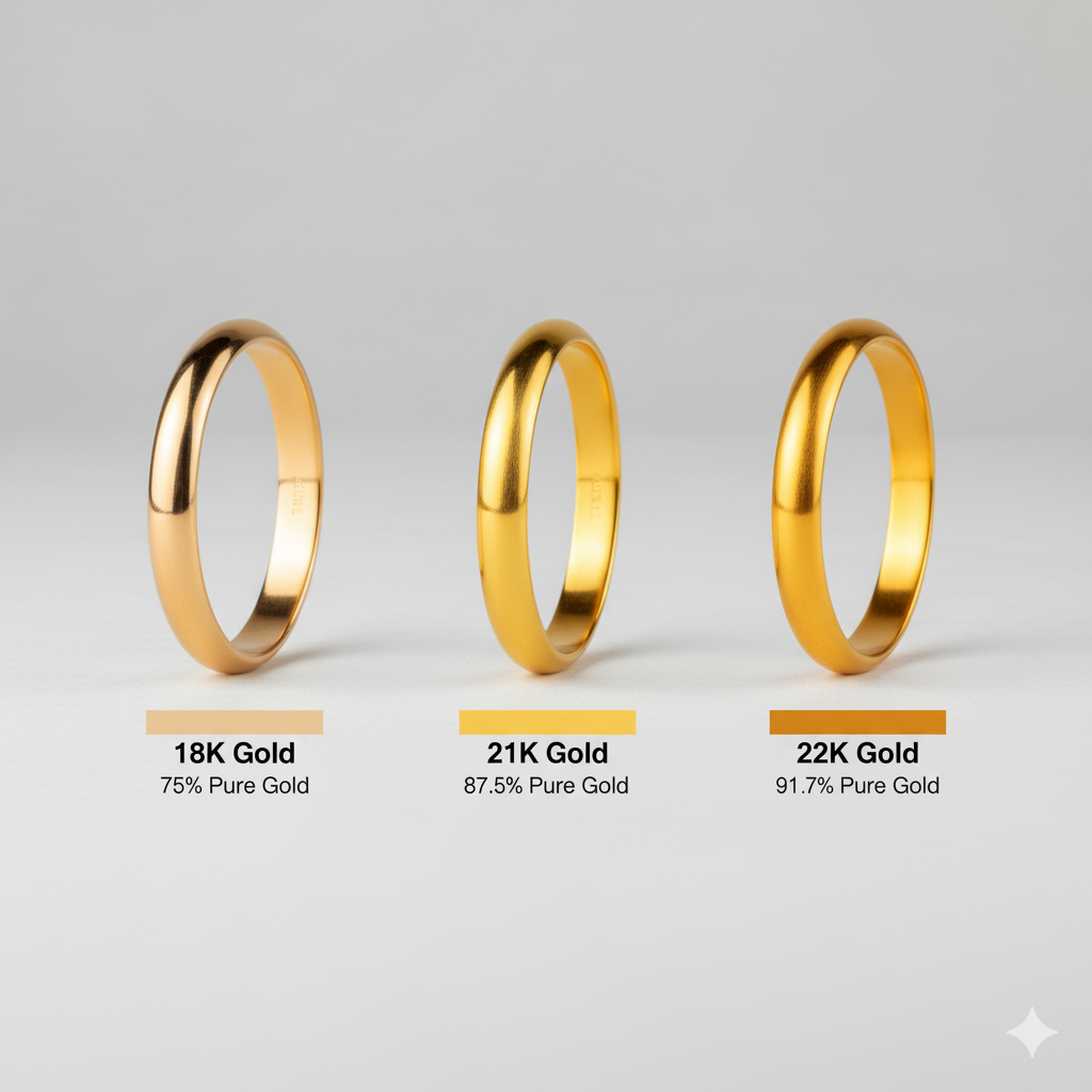 Comparing 18k, 21k, and 22k gold jewellery purity in Bahrain.