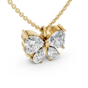 Butterfly Diamond Pendant in 18k yellow gold, close-up of the heart and pear stones