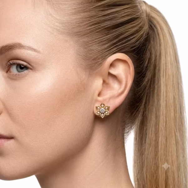 Gold Flower Diamond Stud Earrings