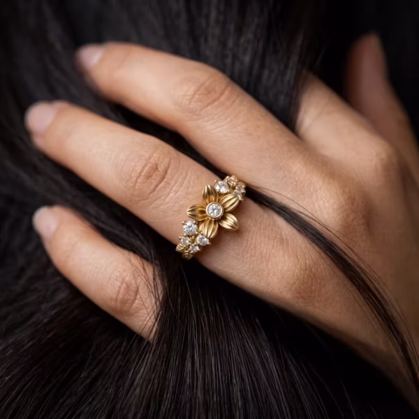 Blossom Diamond Cluster Ring worn, close-up