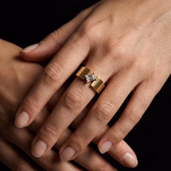 Floating Radiant Diamond Ring worn, close-up