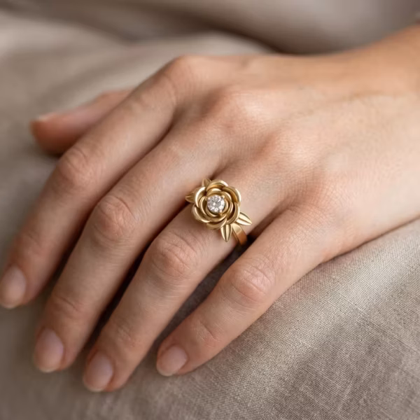 Gold Diamond Rose Blossom Ring