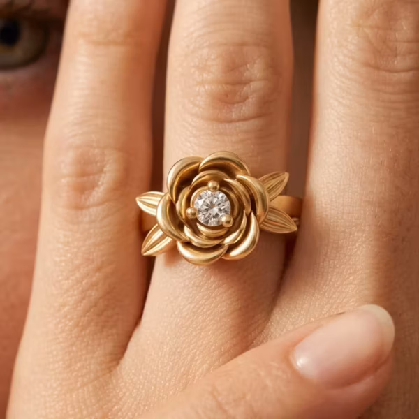 Gold Diamond Rose Blossom Ring