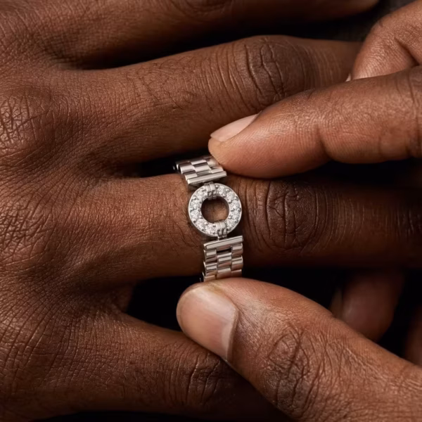 Gold Watch Link Diamond Ring worn, close-up