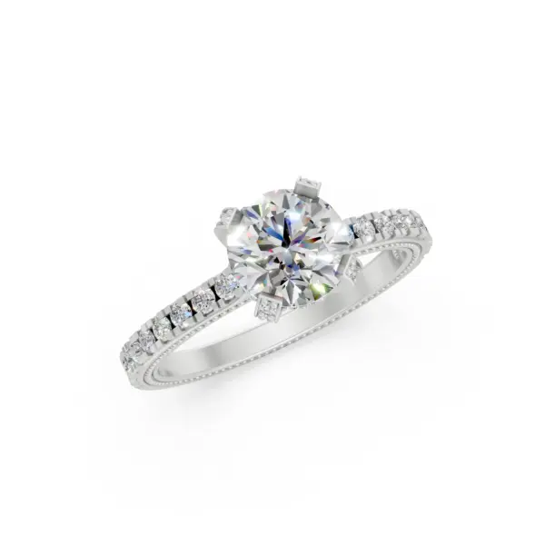 Angled view of the white gold Round Pavé Solitaire Engagement Ring with its round brilliant centre stone
