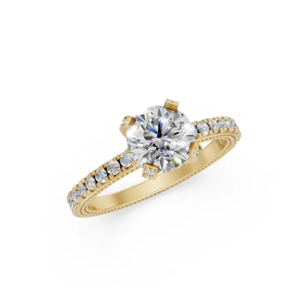 Angled view of the 18k yellow gold Round Pavé Solitaire Engagement Ring with milgrain band edges